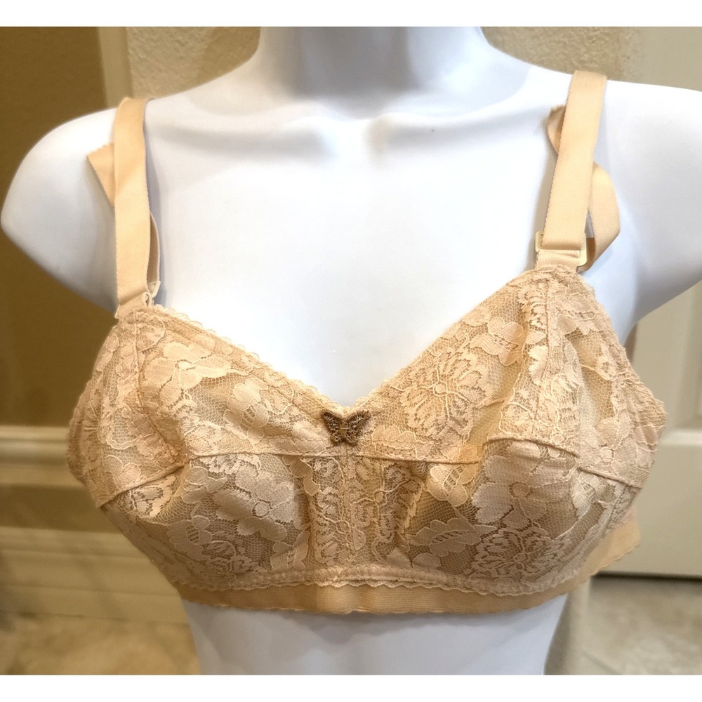 Vtg New 28C LADY CAMEO Floral Bullet BRA Beige Lace Torpedo Cone Wireless USA